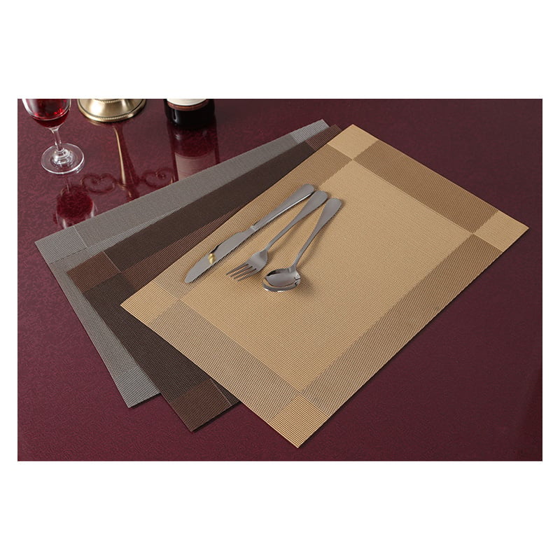 Picture of Placemats Set of 6 for Dining Table Washable PVC Woven Vinyl Placemat Non-Slip Heat Resistant Kitchen Table Mats Easy to Clean (Brown. coffee. gold and silver color)