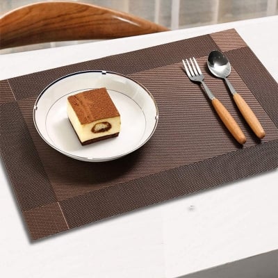 Picture of Placemats Set of 6 for Dining Table Washable PVC Woven Vinyl Placemat Non-Slip Heat Resistant Kitchen Table Mats Easy to Clean (Brown. coffee. gold and silver color)