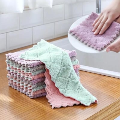 Picture of 5pcs/set Household Kitchen Towels Absorbent Thicker Double-layer Microfiber Wipe Table Kitchen Towel Cleaning Dish Washing Cloth