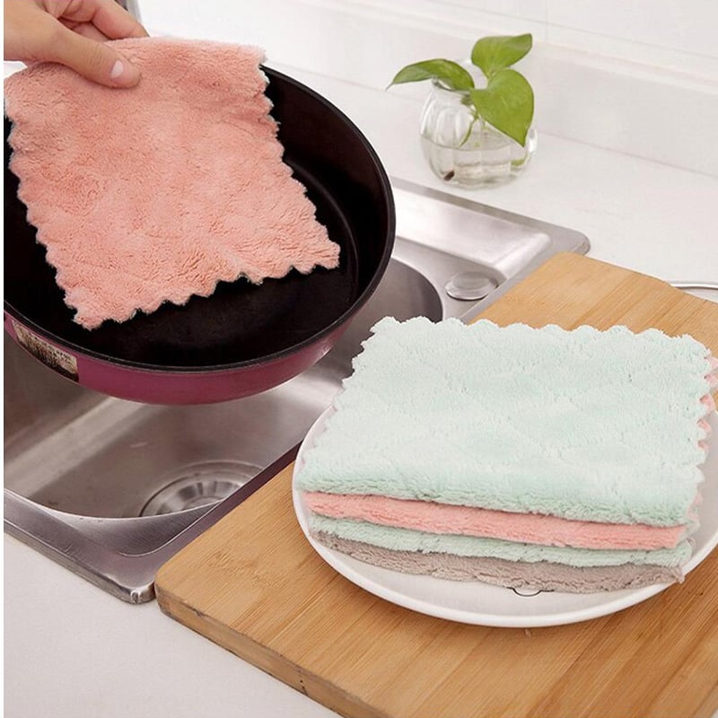 Picture of 5pcs/set Household Kitchen Towels Absorbent Thicker Double-layer Microfiber Wipe Table Kitchen Towel Cleaning Dish Washing Cloth