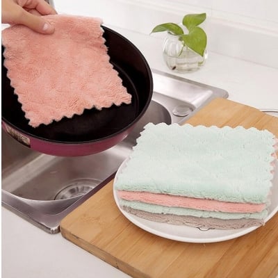 Picture of 5pcs/set Household Kitchen Towels Absorbent Thicker Double-layer Microfiber Wipe Table Kitchen Towel Cleaning Dish Washing Cloth