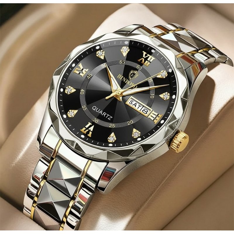 Picture of BINBOND 2521 Chitty Lock Men’s Luxury Stainless Steel Waterproof Fashion Business Watch Luminous Dual Calendar Quartz Wrist Watch