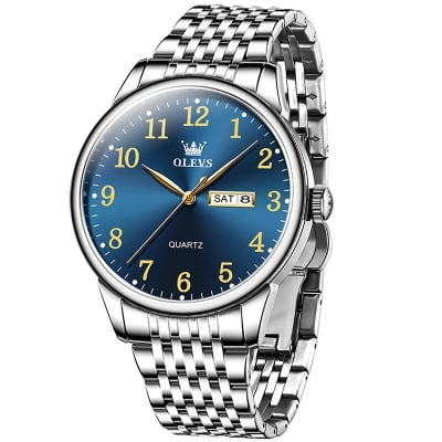 Picture of Olevs Stainless Steel Analog Wrist Watch For Men -Royal Blue & Silver