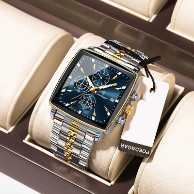 Picture of POEDAGAR 866 Square Men Clock Waterproof Luminous Date Man Watch Stainless Steel Quartz Men's Watch (Fan made)Blue