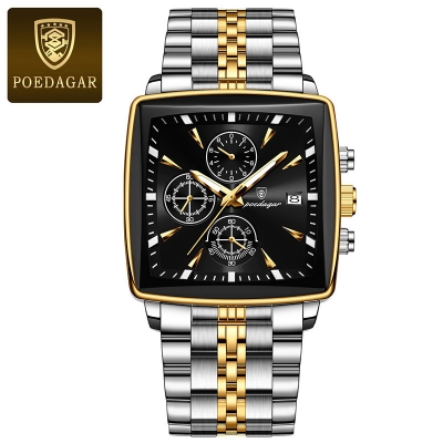 Picture of POEDAGAR 866 Square Men Clock Waterproof Luminous Date Man Watch Stainless Steel Quartz Men's Watch Black