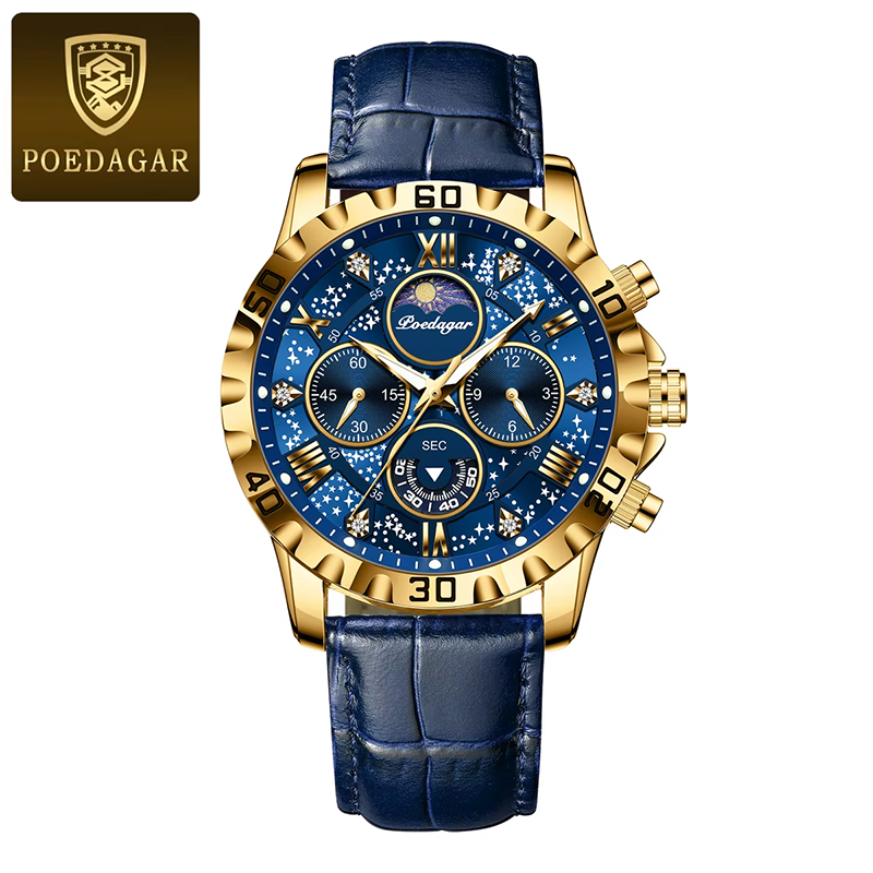 Picture of POEDAGAR 973 Moon New Luxury Genuine Leather Men Quartz Watches Luminous Daily Life Waterproof Chronograph fashion Analog Watch for men - Watch For Men