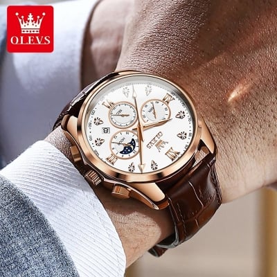 Picture of New Olevs 2888L Top Quality Brown PU Leather Fashionable Wrist Watch For Men - Black & Brown