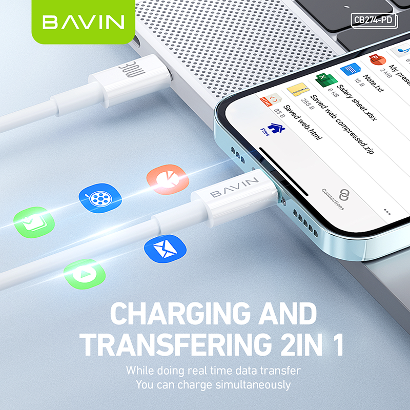 Picture of iPhone's Type-C to Lightening BAVIN CB274  Premium Quality PD 20w/30w Charging Cable-White