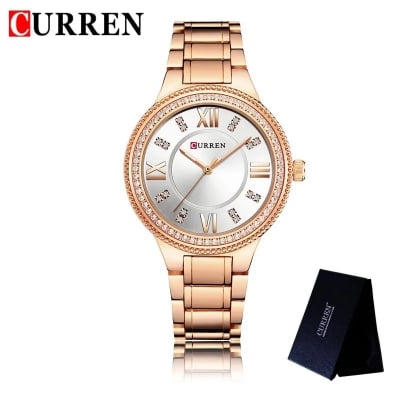 Picture of CURREN 9004 Brand Luxury Women's Casual Watches Waterproof Wristwatch Women Fashion Dress Rhinestone Stainless Steel Ladies Rosegold & White Watch - ঘড়ি