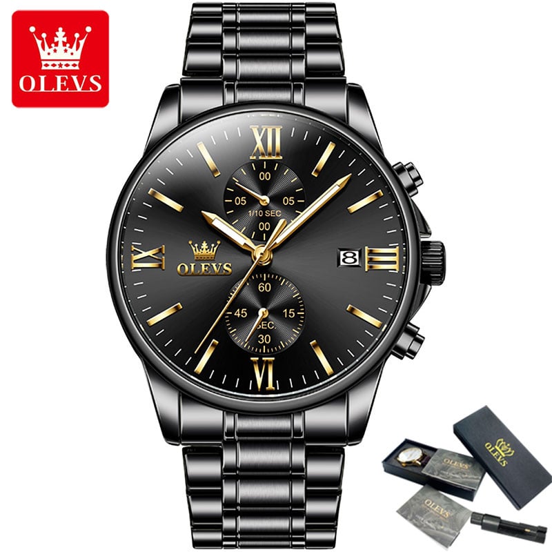 Picture of OLEVS 2886 New Black Quartz Watch for Men Stainless Steel Watchband Auto Date Chronograph Waterproof Luminous Business Men Wristwatch