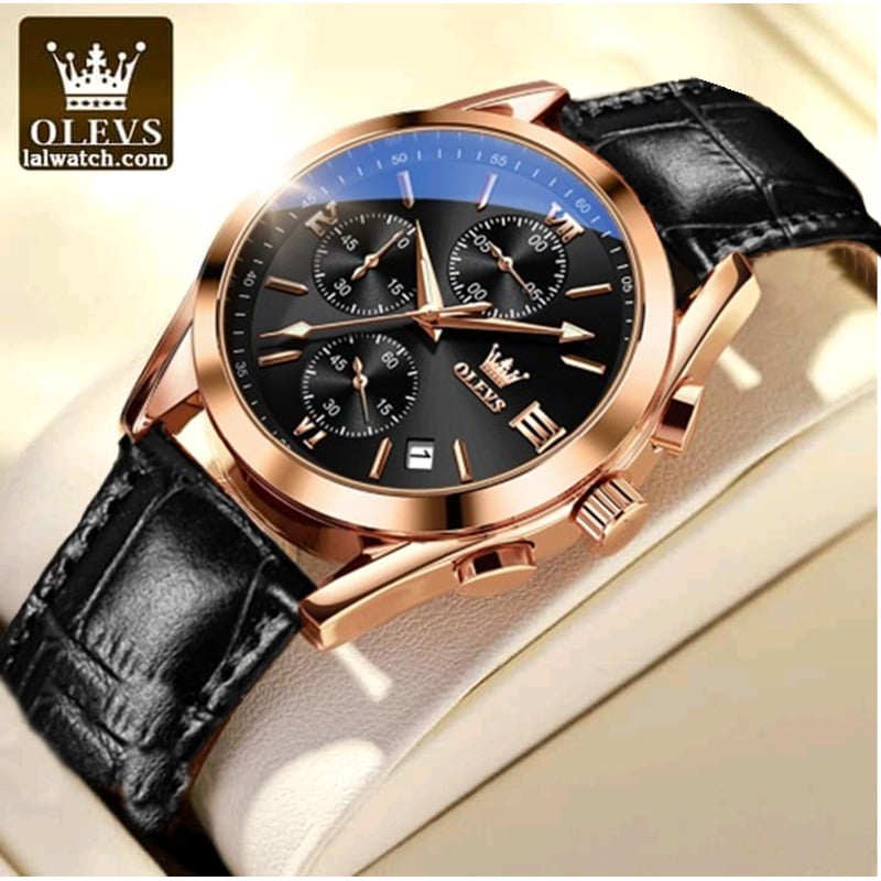 Picture of Olevs Elegant Men Fashion Analog Quartz Watch with Brown Leather Strap and Mineral Glass (New 2)