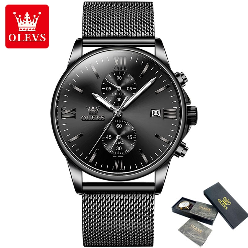 Picture of OLEVS 2886 New Black Quartz Watch for Men Stainless Steel Watchband Auto Date Chronograph Waterproof Luminous Business Men Wristwatch