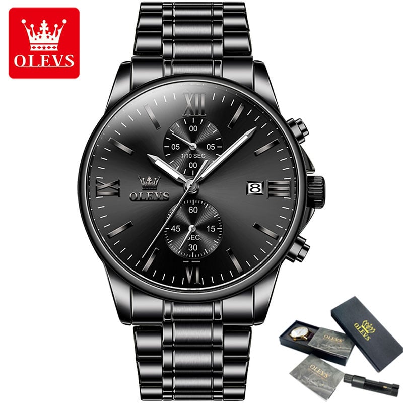 Picture of OLEVS 2886 New Black Quartz Watch for Men Stainless Steel Watchband Auto Date Chronograph Waterproof Luminous Business Men Wristwatch