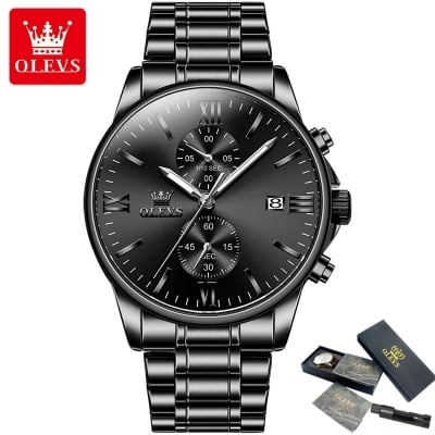 Picture of OLEVS 2886 New Black Quartz Watch for Men Stainless Steel Watchband Auto Date Chronograph Waterproof Luminous Business Men Wristwatch