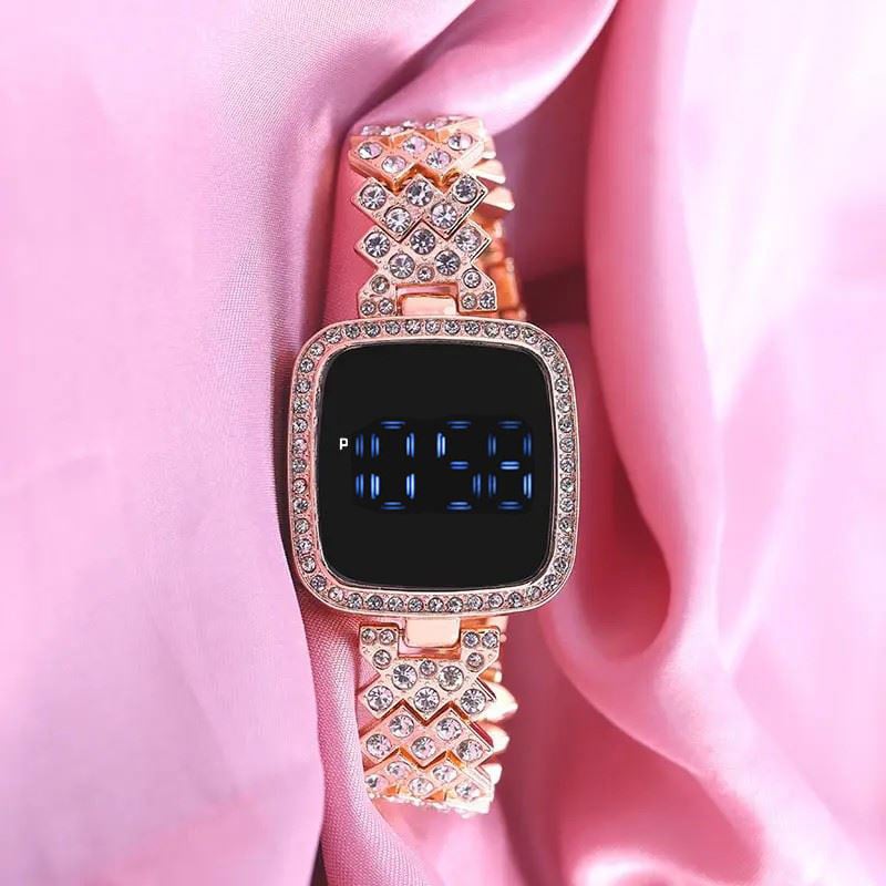Picture of New Trend Fashion Steel Chain Diamond Women Watch Full Diamond Touch Screen LED Water Diamond Bracelet Watch