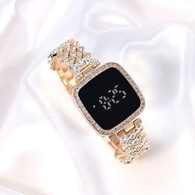 Picture of New Trend Fashion Steel Chain Diamond Women Watch Full Diamond Touch Screen LED Water Diamond Bracelet Watch