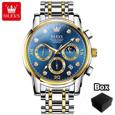Picture of Top Luxury Olevs 2889 Stainless Steel Top Luxury Quartz Chronograph Fashionable Watch for Men - Watch (Blue 2)
