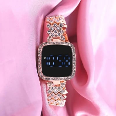 Picture of New Trend Fashion Steel Chain Diamond Women Watch Full Diamond Touch Screen LED Water Diamond Bracelet Watch