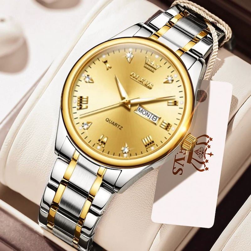 Picture of "Ol_evs 5563 Rep_lica Silver & Golden Two Tone Stainless Steel Analog Wrist Watch For Men - White & Silver & Golden , Black"