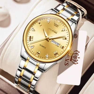 Picture of "Ol_evs 5563 Rep_lica Silver & Golden Two Tone Stainless Steel Analog Wrist Watch For Men - White & Silver & Golden , Black"