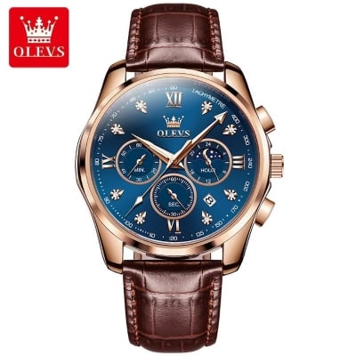 Picture of Olevs Elegant Men Fashion Analog Quartz Watch with Brown Leather Strap and Mineral Glass (New 2)