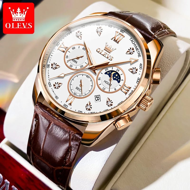 Picture of Olevs Elegant Men Fashion Analog Quartz Watch with Brown Leather Strap and Mineral Glass