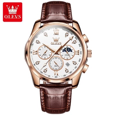 Picture of Olevs Elegant Men Fashion Analog Quartz Watch with Brown Leather Strap and Mineral Glass (New 2)