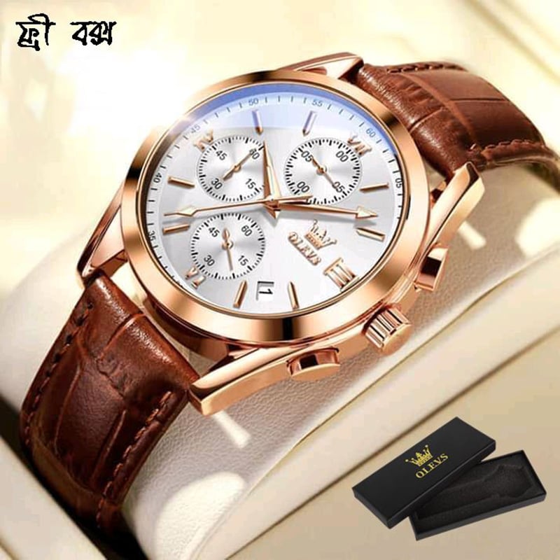 Picture of Olevs Elegant Men Fashion Analog Quartz Watch with Brown Leather Strap and Mineral Glass (New 2)