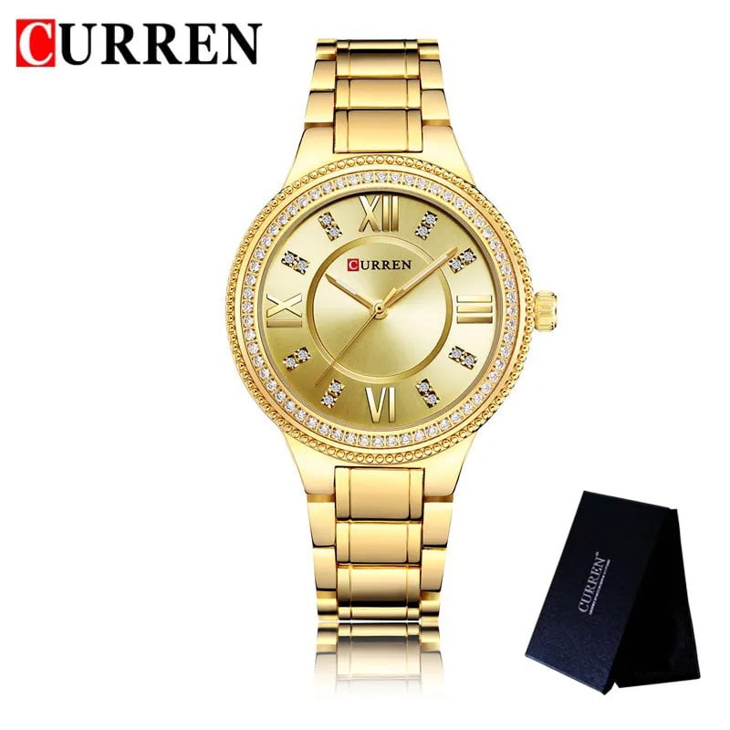 Picture of CURREN 9004 Brand Luxury Women's Casual Watches Waterproof Wristwatch Women Fashion Dress Rhinestone Stainless Steel Ladies Rosegold & White Watch - ঘড়ি