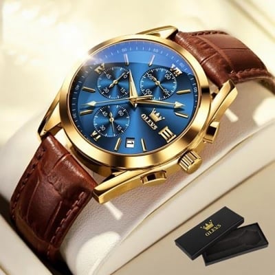 Picture of Olevs Elegant Men Fashion Analog Quartz Watch with Brown Leather Strap and Mineral Glass (New 2)