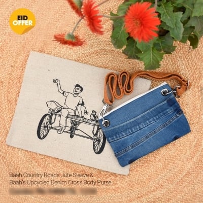 Picture of Baah Country Roads Jute Sleeve & Baah's Upcycled Denim Cross Body Purse-Multicolor