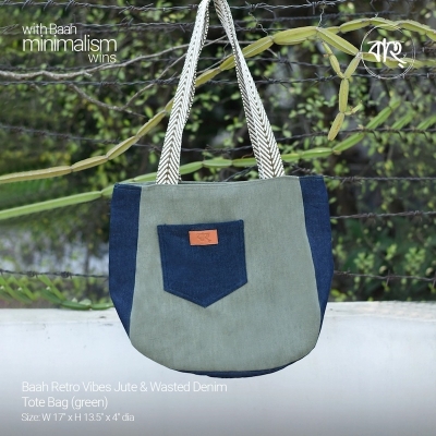 Picture of Baah Retro Vibes Jute & Wasted Denim Tote Bag (green)-Green