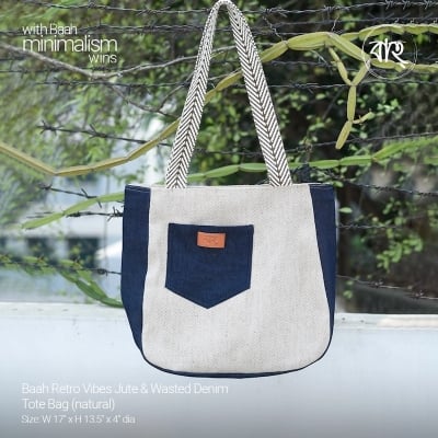 Picture of Baah Retro Vibes Jute & Wasted Denim Tote Bag (natural)-Multicolor
