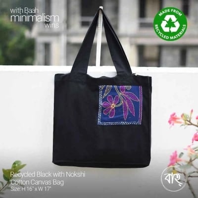 Picture of Recycled Black with Nokshi Cotton Canvas Bag-Black