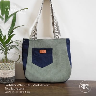 Picture of Baah Retro Vibes Jute & Wasted Denim Tote Bag (green)-Green