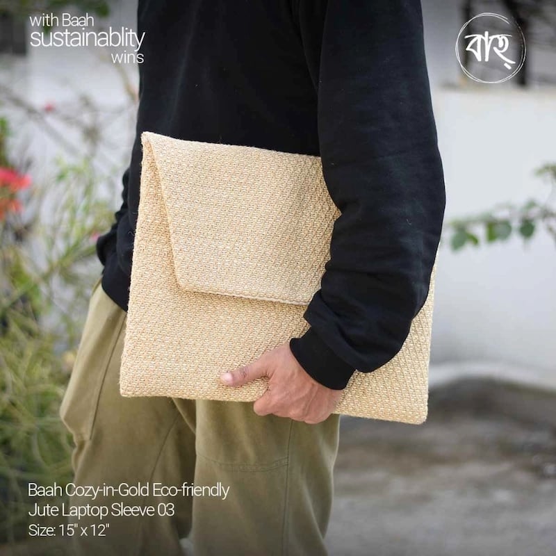 Picture of Baah Cozy-in-Gold Eco-friendly Jute Laptop Sleeve 03-15x12 Inches