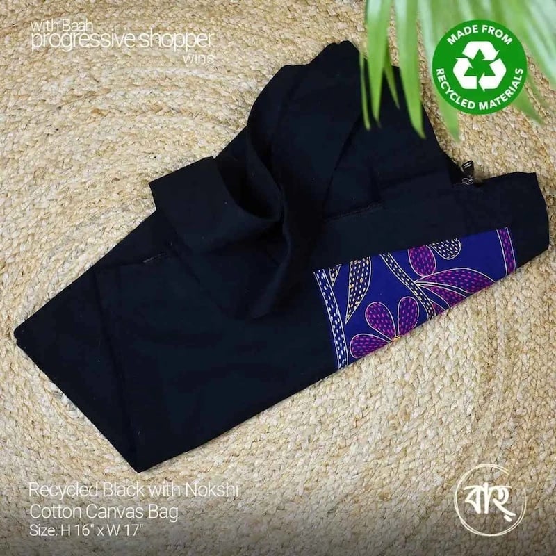 Picture of Recycled Black with Nokshi Cotton Canvas Bag-Black