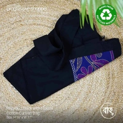 Picture of Recycled Black with Nokshi Cotton Canvas Bag-Black
