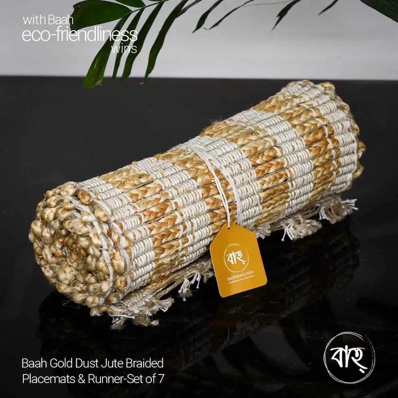 Picture of Baah Gold Dust Jute Braided Placemats & Runner-Set of 7-Gold