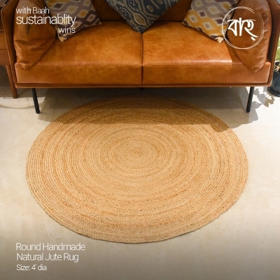 Picture of Round Handmade Natural Jute Rug 4′ from Baah, for your living room, bedroom, office space-Gold