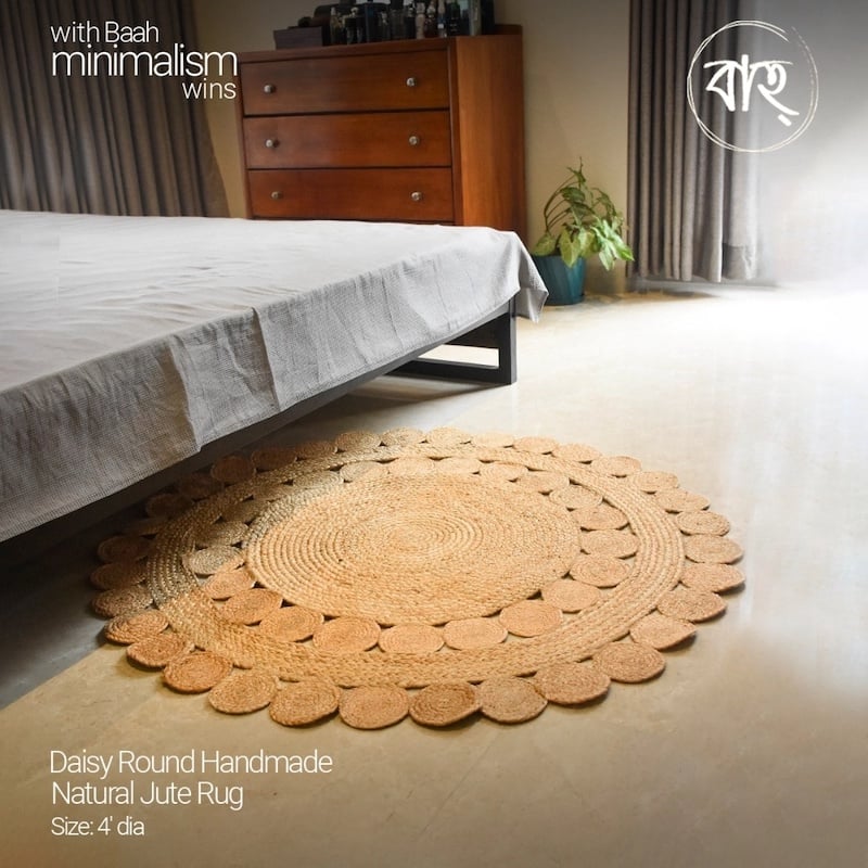 Picture of Daisy Round Handmade Natural Jute Rug 4′ from Baah, for your living room, bedroom, office space-Multicolor