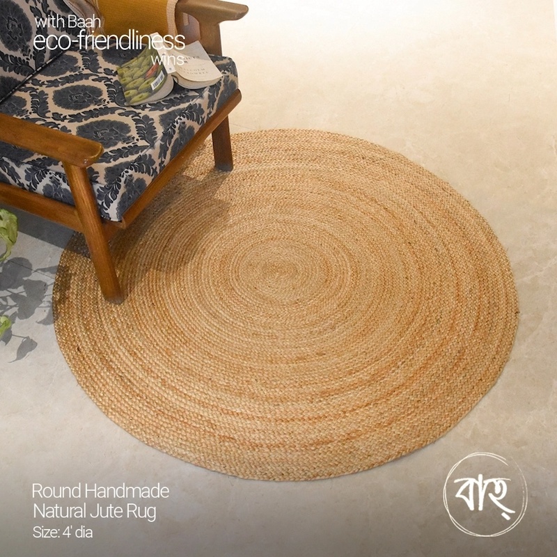 Picture of Round Handmade Natural Jute Rug 4′ from Baah, for your living room, bedroom, office space-Gold