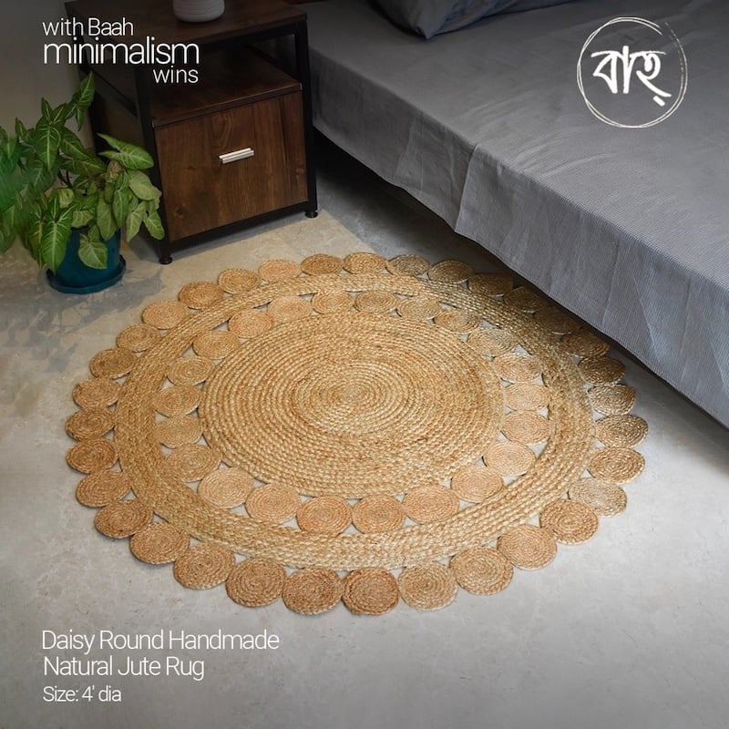 Picture of Daisy Round Handmade Natural Jute Rug 4′ from Baah, for your living room, bedroom, office space-Multicolor