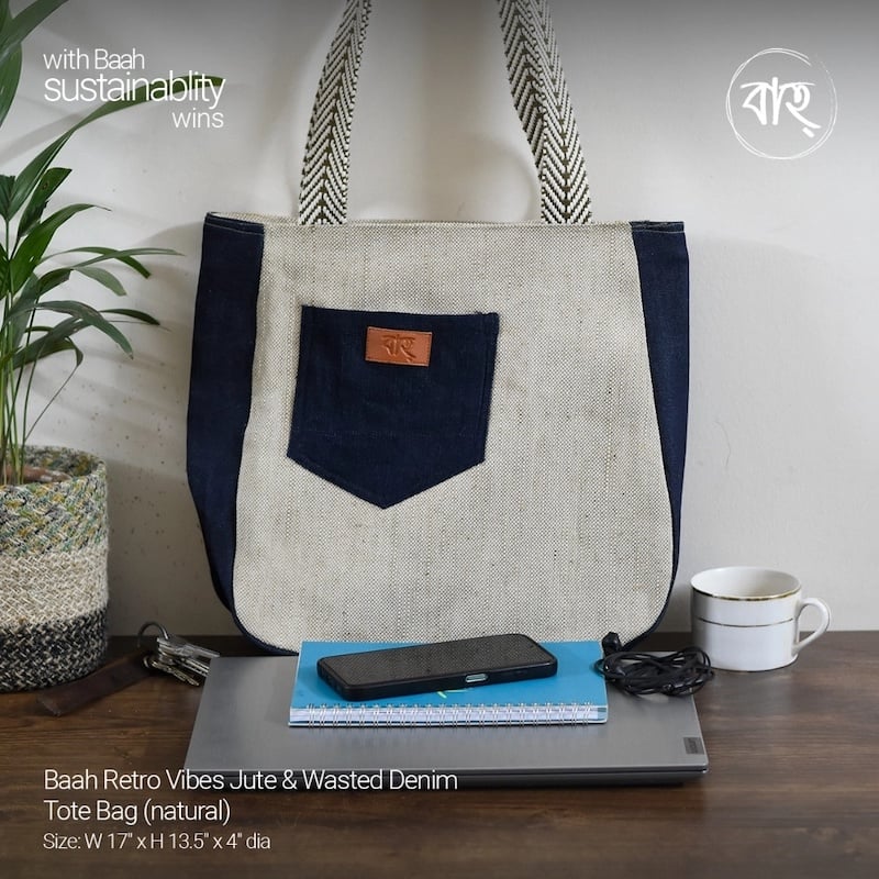 Picture of Baah Retro Vibes Jute & Wasted Denim Tote Bag (natural)-Multicolor