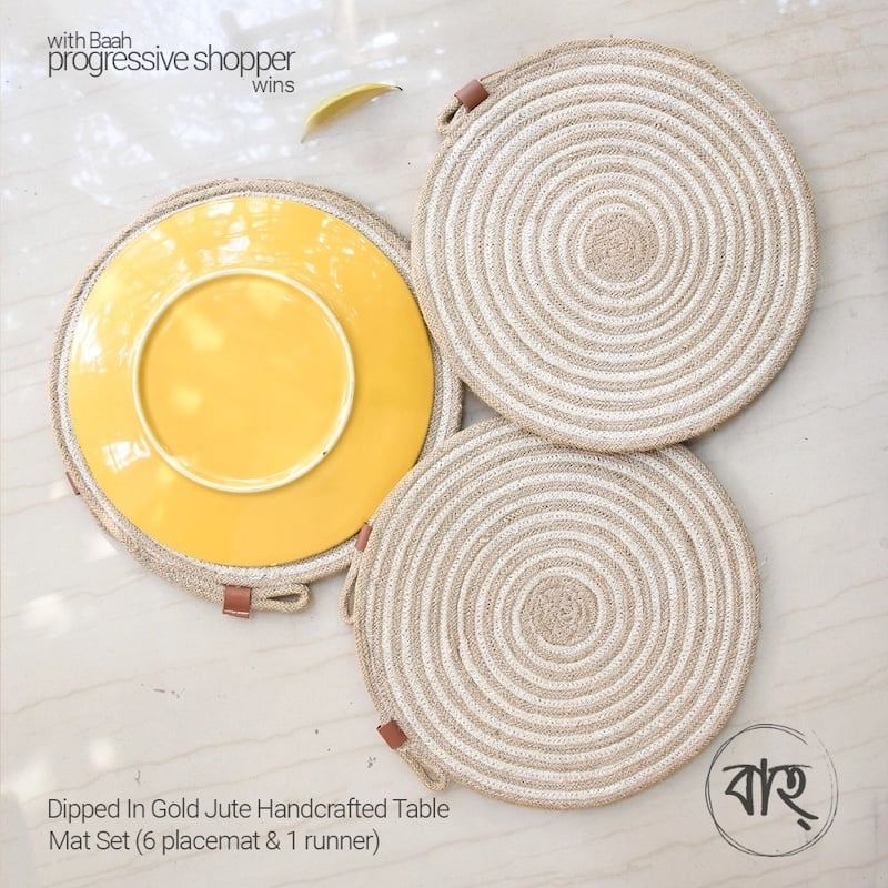 Picture of Dipped In Gold Jute Handcrafted Table Mat Set (6 Placemat & 1 Runner)