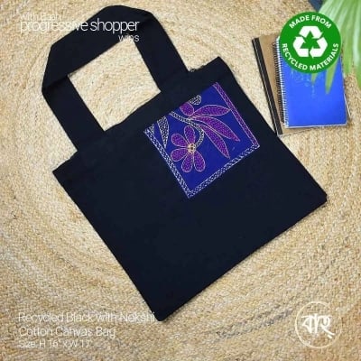 Picture of Recycled Black with Nokshi Cotton Canvas Bag-Black