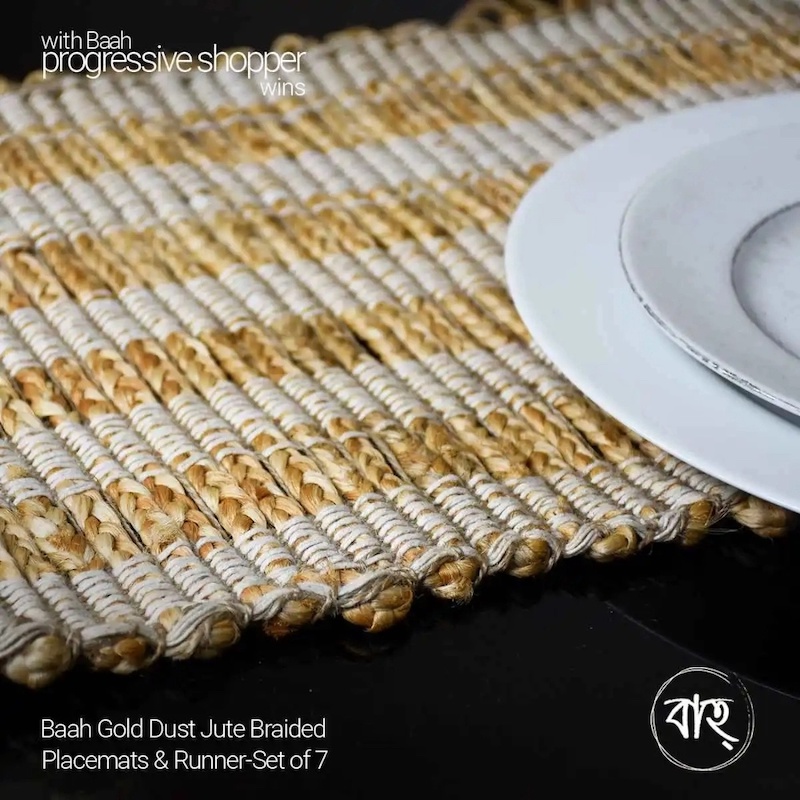 Picture of Baah Gold Dust Jute Braided Placemats & Runner-Set of 7-Gold