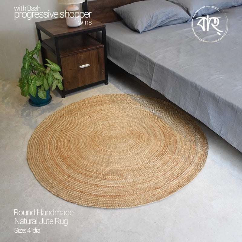 Picture of Round Handmade Natural Jute Rug 4′ from Baah, for your living room, bedroom, office space-Gold