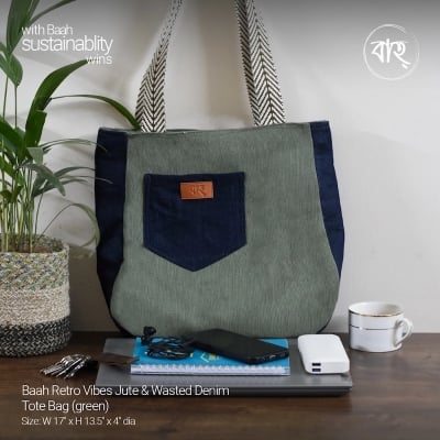 Picture of Baah Retro Vibes Jute & Wasted Denim Tote Bag (green)-Green