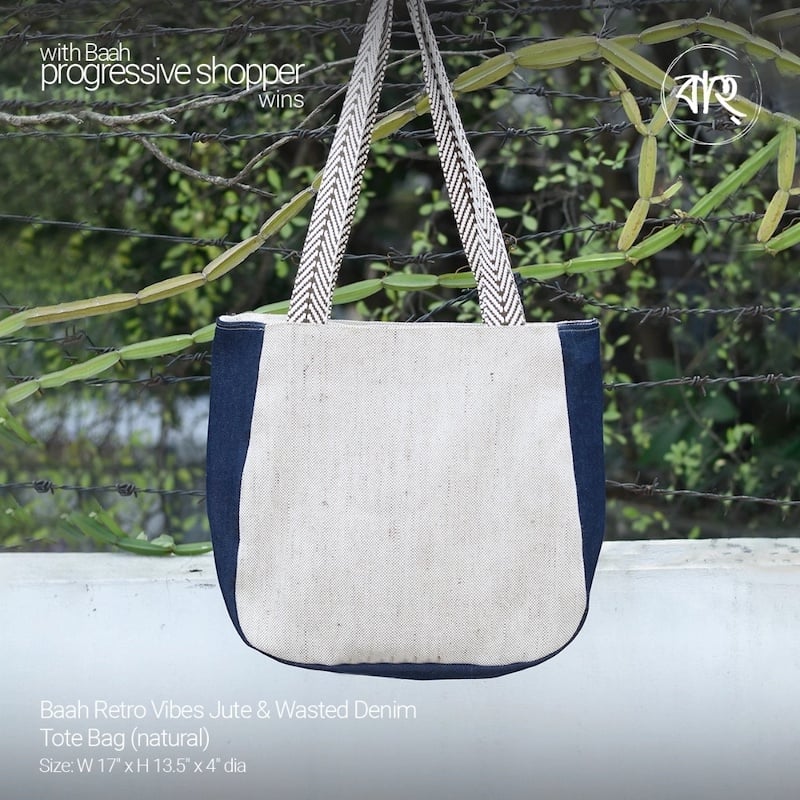 Picture of Baah Retro Vibes Jute & Wasted Denim Tote Bag (natural)-Multicolor